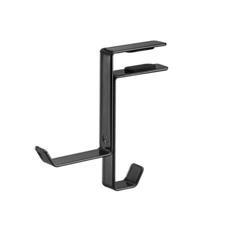 Black metal desktop headset stand with dual top supports and front hook