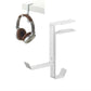 White metal desktop headset stand with two top slots and front hook