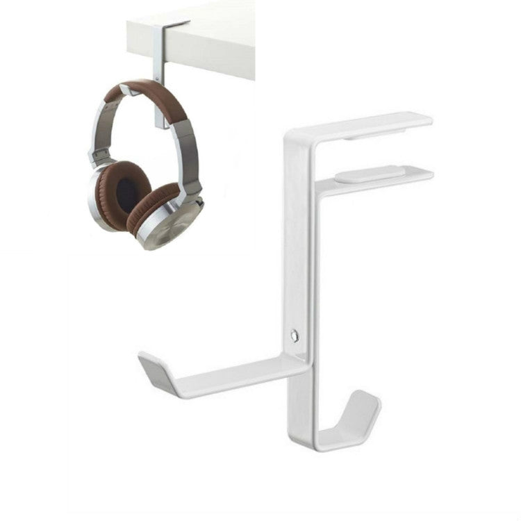 White metal desktop headset stand with two top slots and front hook