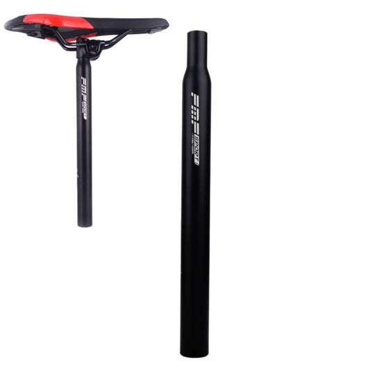 Bicycle extended seat post with saddle, black aluminum tube and clamp.