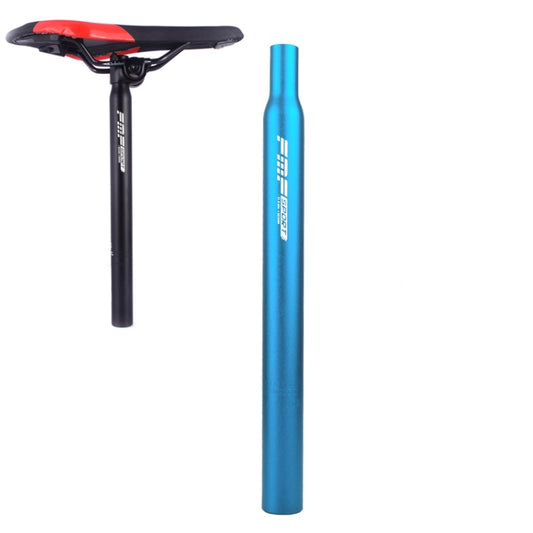 Bicycle extended seat post with saddle, blue aluminum tube and clamp.