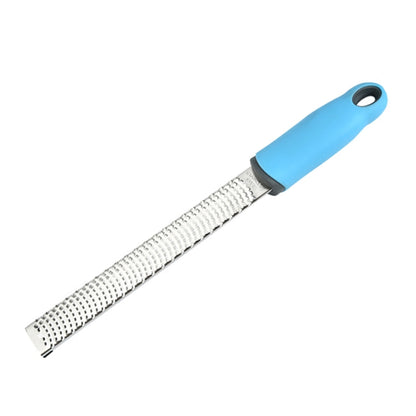 Stainless steel cheese grater with blue handle and fine shredding teeth.