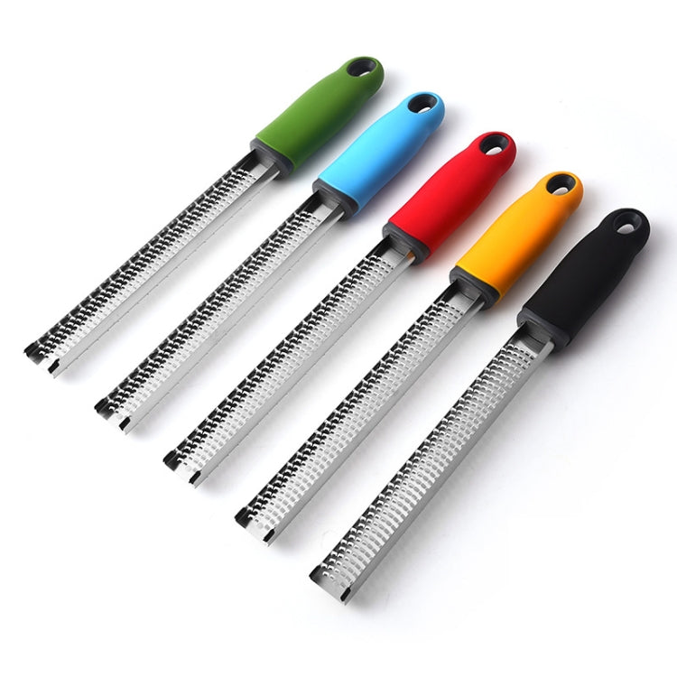Set of stainless steel cheese graters with colored handles and fine shredding teeth.
