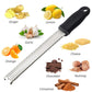 Black-handled stainless steel grater with fine shredding teeth for cheese and spices.