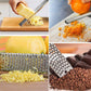 Stainless steel grater with fine teeth producing shredded cheese and chocolate.