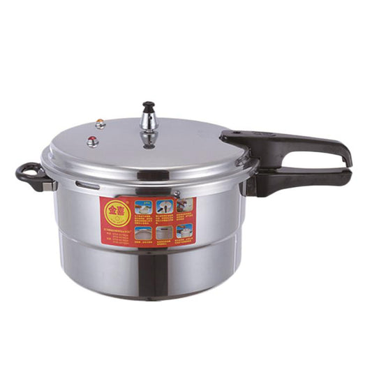 Stainless steel electric pressure cooker with black side handles and safety valve