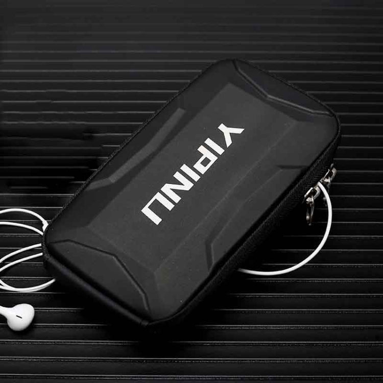 Black YIPINU armband phone pouch with zipper, angled view of protective case