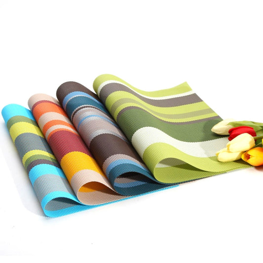 Roll-up set of striped PVC placemats in assorted colors, with textured weave look