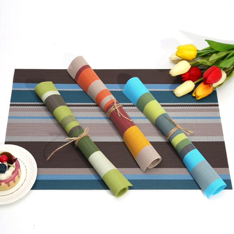 Rolled striped PVC placemats set in brown, orange, green, and blue color options