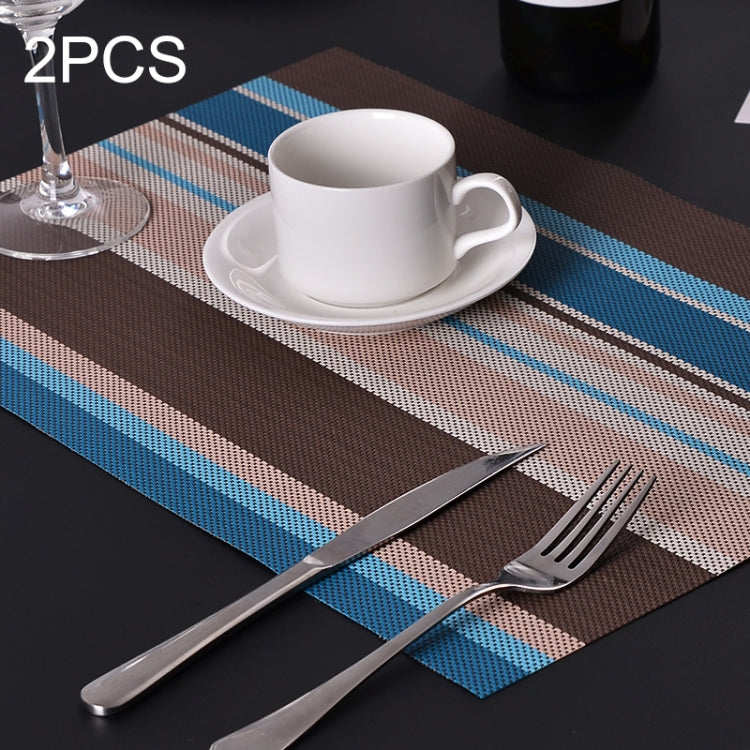 Set of 2 striped PVC placemats, blue and brown bands for dining tables