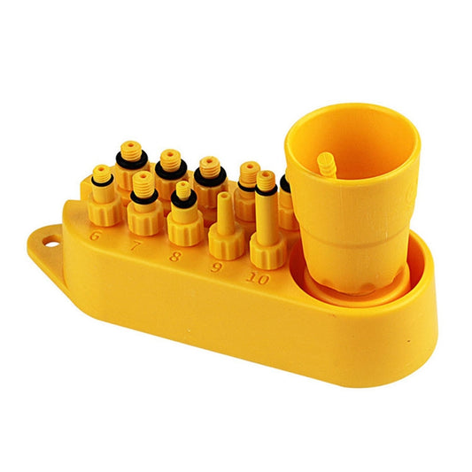 Hydraulic bleed adapter base with numbered ports and oil funnel cup