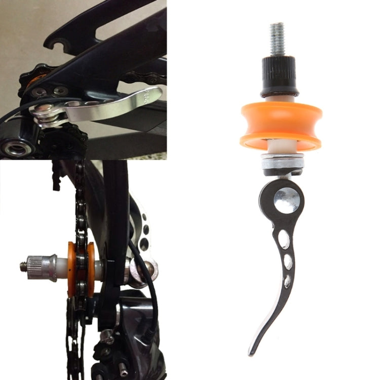 MTB chain support holder with black lever, orange roller, and threaded mounting rod