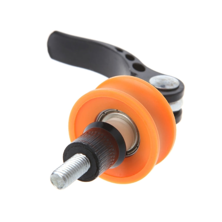 Orange roller wheel with black lever and threaded bolt for chain support