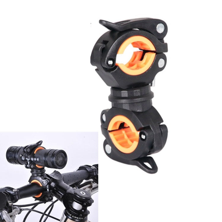Black and orange dual bike flashlight clip holder, angled view