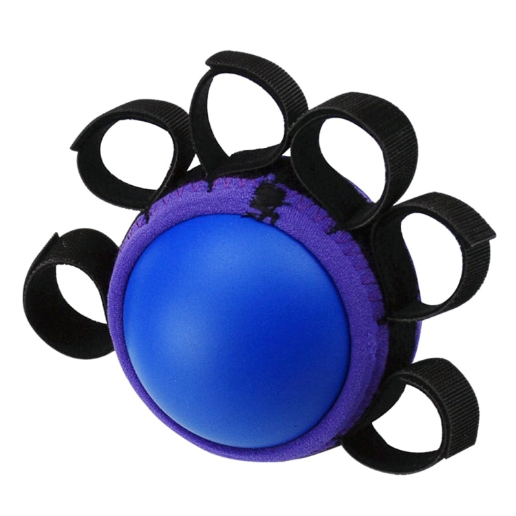 Five-finger grip rehab ball with blue foam center and five black loop straps