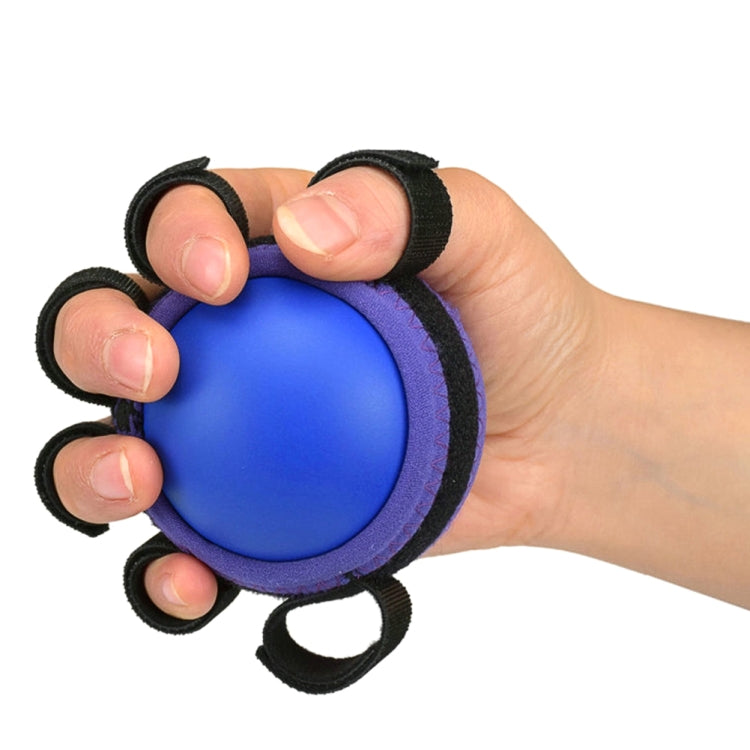 Five-finger grip rehab ball held by hand, blue center with five black finger loops