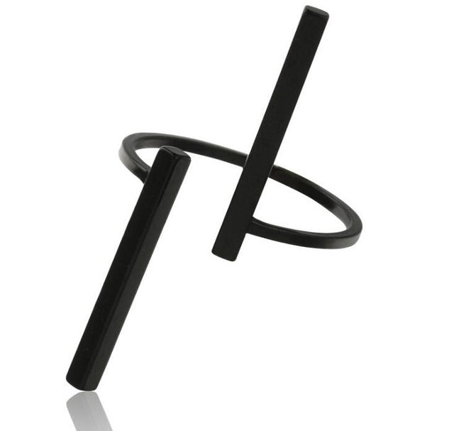 Black geometric open finger ring with two stacked bar details and open band
