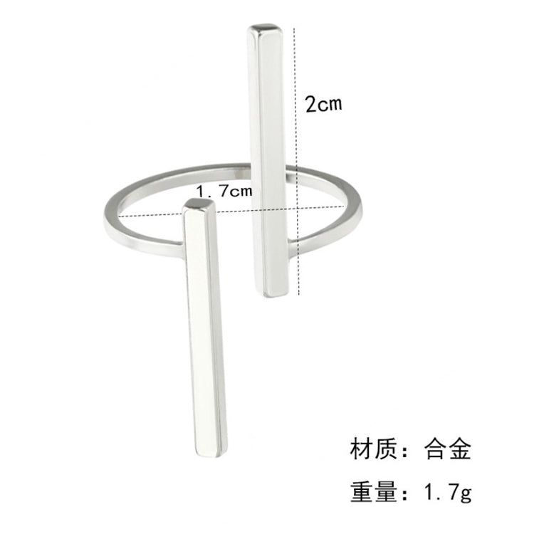Silver geometric open finger ring with two vertical bars and open band, size shown