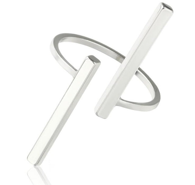 Silver geometric open finger ring with two bar accents and polished open band