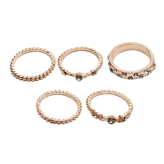 Rose gold rhinestone ring set, five oval bands with scalloped trim and small center stones