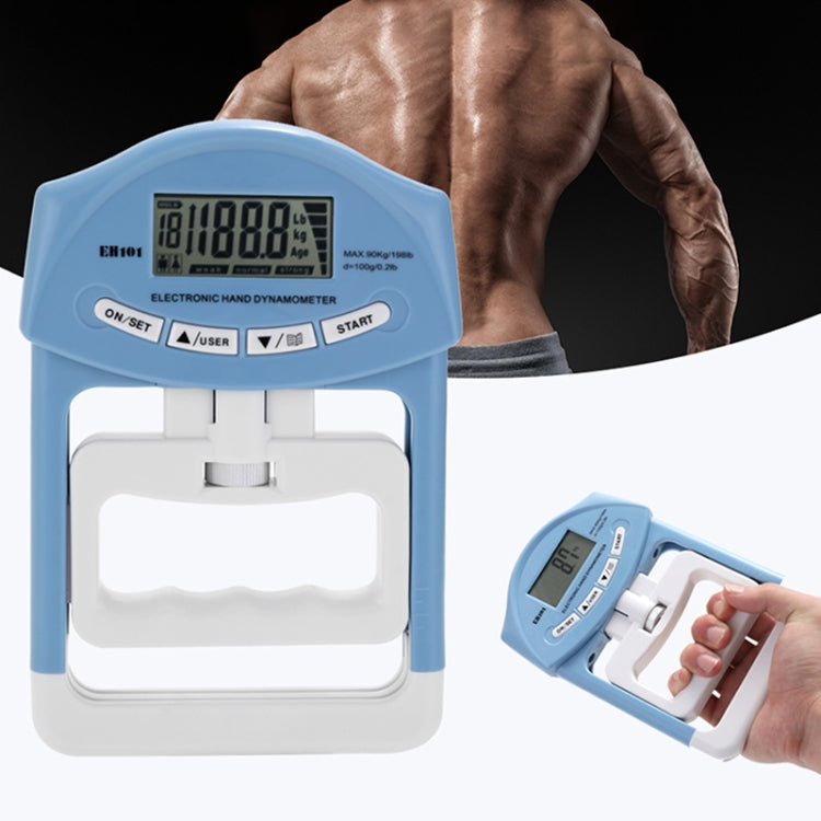Blue electronic hand dynamometer with LCD display and white grip cradle base