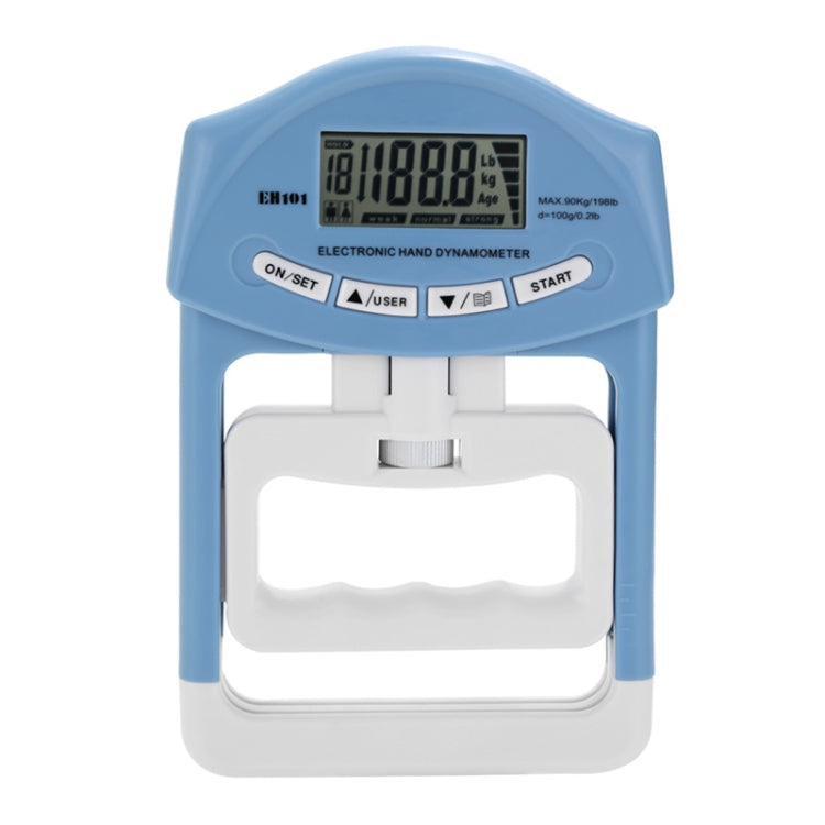 Blue electronic hand dynamometer front view with LCD screen and white grip cradle