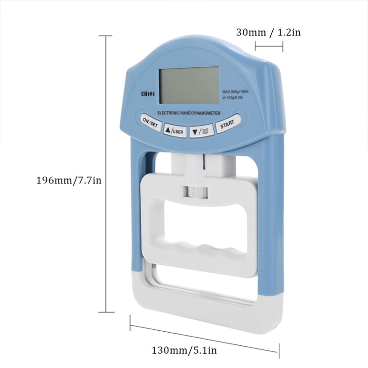 Blue electronic hand dynamometer with LCD screen and white grip cradle