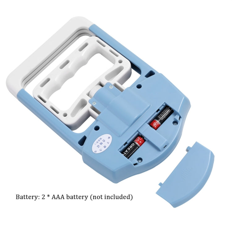 Blue electronic hand dynamometer open base showing battery compartment and AAA slots
