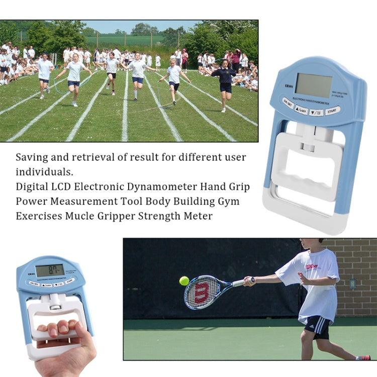 Blue electronic hand dynamometer with LCD screen and white grip cradle