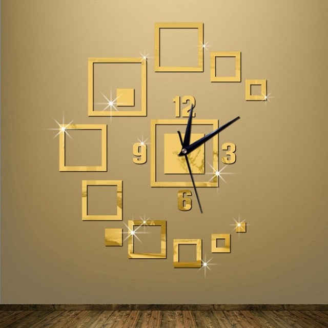 Gold 3D square mirror wall clock with black hands and number markers on acrylic tiles