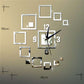 Silver 3D square mirror wall clock with black hands and raised number markers