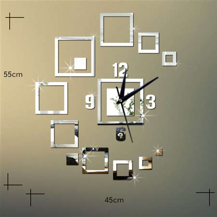 Silver 3D square mirror wall clock with black hands and raised number markers