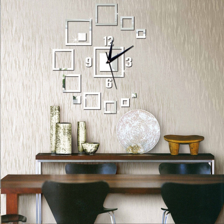 Silver 3D square mirror wall clock with black hands and number tiles on textured wall