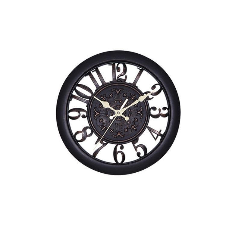 Round black quartz wall clock with decorative roman numeral ring and skeleton-style center