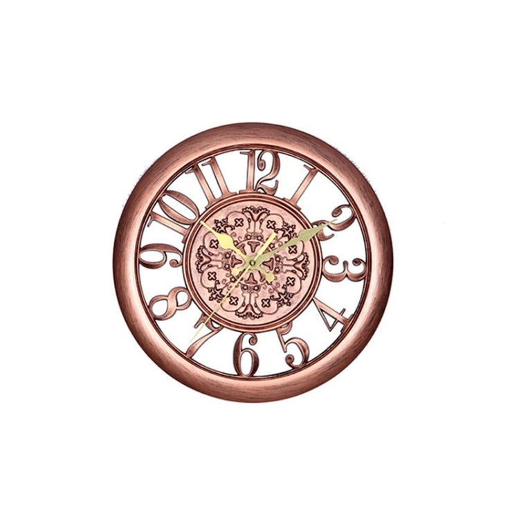Round antique copper quartz wall clock with ornate roman numerals and floral gear dial