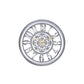 Round antique silver quartz wall clock with ornate roman numerals and pale gear dial