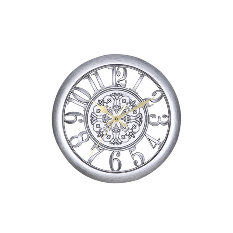 Round antique silver quartz wall clock with ornate roman numerals and pale gear dial