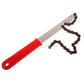 Bicycle chain repair tool with red handle and metal pry bar