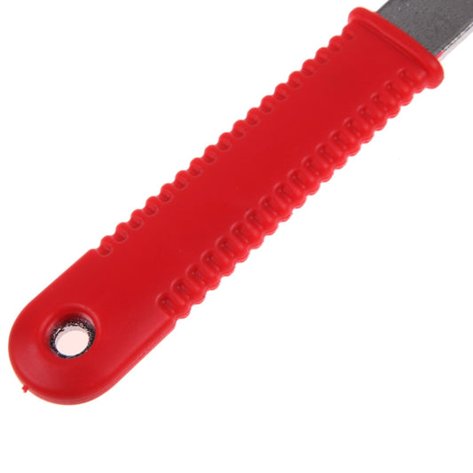 Red handheld tool handle with textured grip and attached metal blade