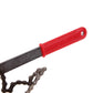 Red handle bicycle chain repair tool with flat metal blade