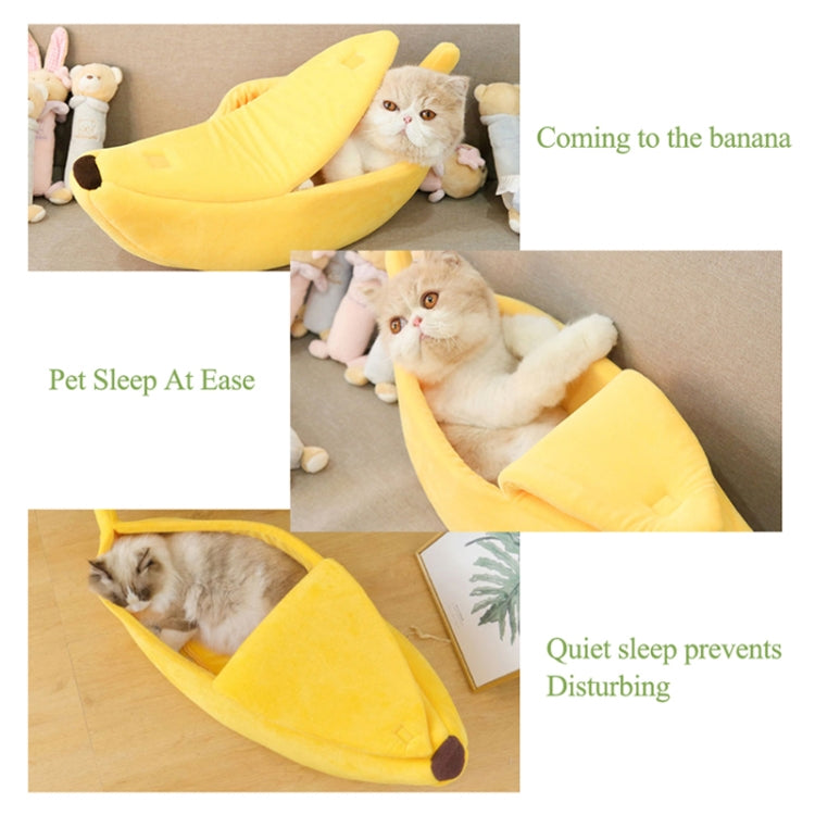 Banana-shaped pet nest shown with cats resting inside the cushioned banana