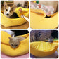 Banana-shaped pet nest with small pets resting inside the plush banana