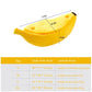 Banana-shaped pet nest size chart with length, width, and height labels