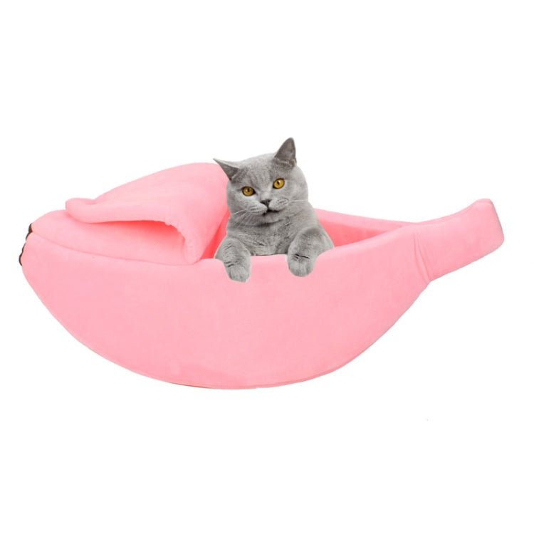 Banana-shaped plush cat nest in pink, cushioned inner bed with raised sides