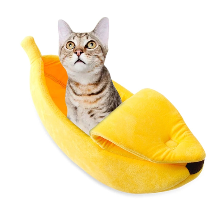Banana-shaped plush cat nest in yellow, cushioned inner bed with side bolsters