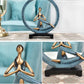 Blue and gold resin yoga pose statue, front and detail views of the seated figure