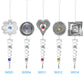 Set of metal wind chimes: star, coil, heart, sunburst, and square frames