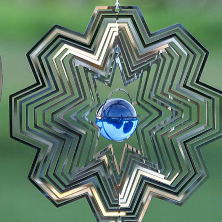 Large star-shaped metal wind chime with blue crystal bead center