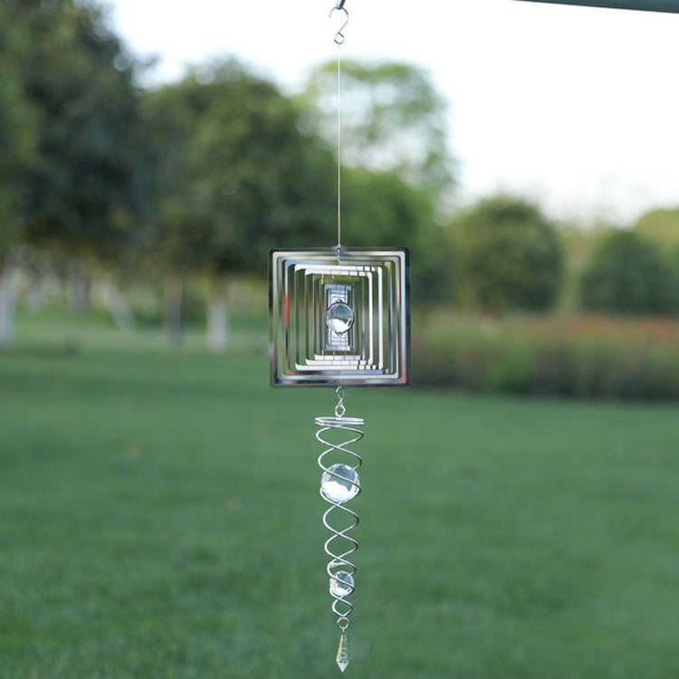 Square frame metal wind chime with small central figure and spiral wire hook