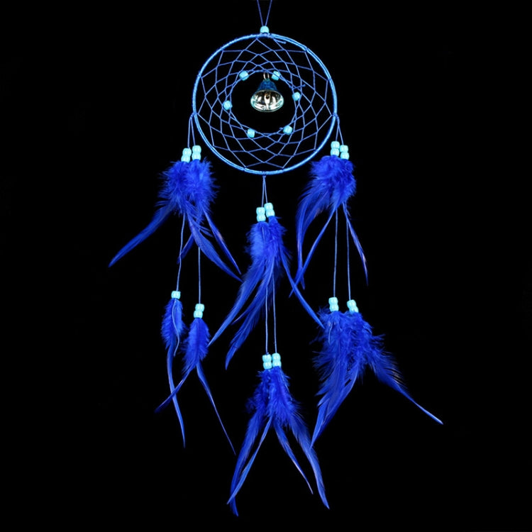 Blue dream catcher wall hanging with webbed hoop, bead details, and dangling feather drops